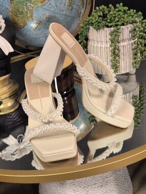 Pearl-Trim Ivory Block Heel Sandals
